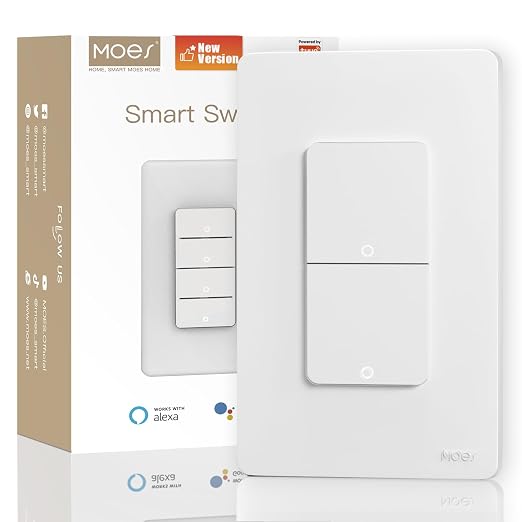 MOES WiFi Smart Double Light Switch, Neutral Required, White | Inteligente 2 Gang Single Pole Switch, Work with Alexa Google Assistant, Remote Control, No Hub