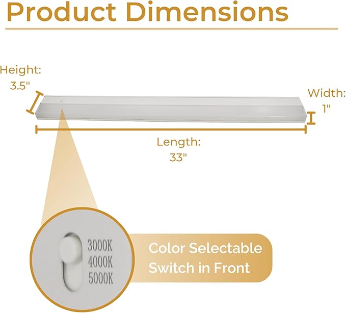 33-Inch Dimmable Under Cabinet LED Light, Hardwired Installation Only, Color Selectable - Soft White(3000K)/ Bright White(4000K)/ Daylight White(5000K), 15W, White Finish