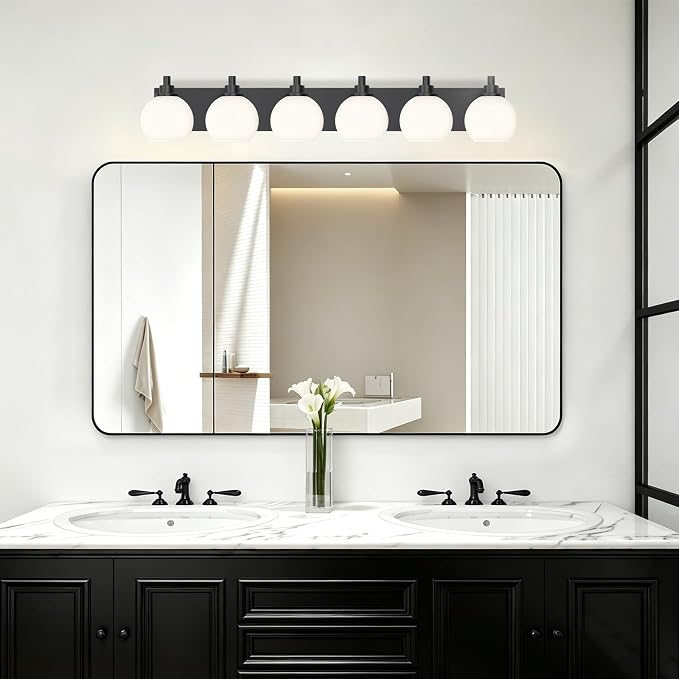 IZORRO Bathroom Light Fixtures, 6-Light Matte Black Vanity Light, Modern Wall Sconces with Globe Milk White Glass Shade, Vanity Lighting Fixtures Over Mirror,E26 Bulb Socket
