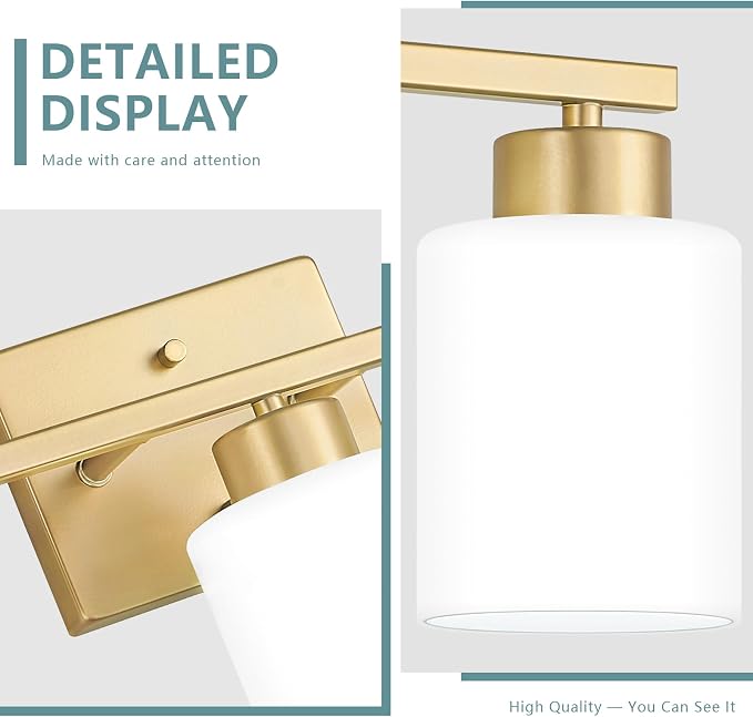 Gold Bathroom Light Fixtures Vanity Lighting Over Mirror | 3-Light Modern Wall Sconces with Milky White Frosted Glass Shades for Restroom (E26 Socket)