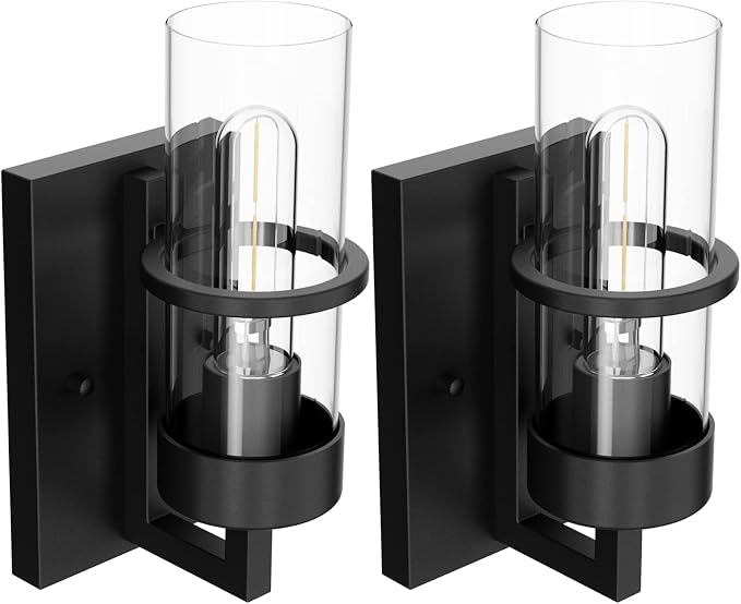 Tipace Black Hardwired Wall Sconces Set of 2,Modern Bathroom Vanity Sconces Wall Lighting with Clear Glass Shade,Farmhouse Wall Mount Lights for Mirror Bedroom Living Room Hallway Kitchen
