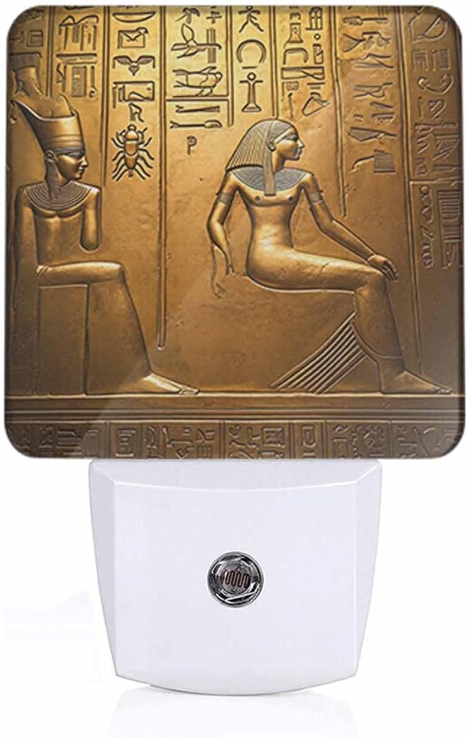 Egyptian Hieroglyphs Night Light Plug-into Wall Ancient Gold Art Nightlight Lamp with Dusk to Dawn Sensor, Led Lamp 0.5W Energy Efficient for Home Decor