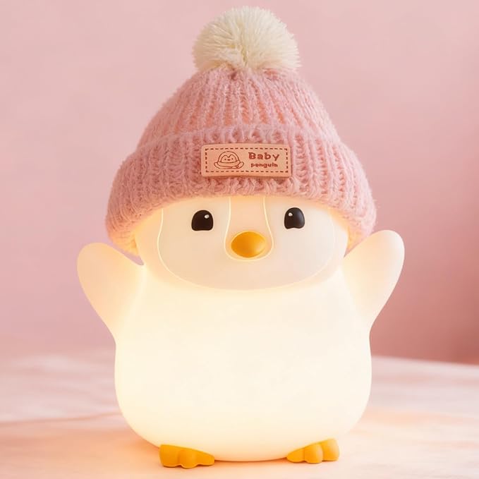 FAMIDUO Penguin Night Light for Kids,Pink Penguin Lamp with Knit Hat | Squishy Silicone,Rechargeable Dimmable Timer LED Bedside Lamp,Cute Animal Nightlight for Nursery,Gift for Boys Girls Toddlers