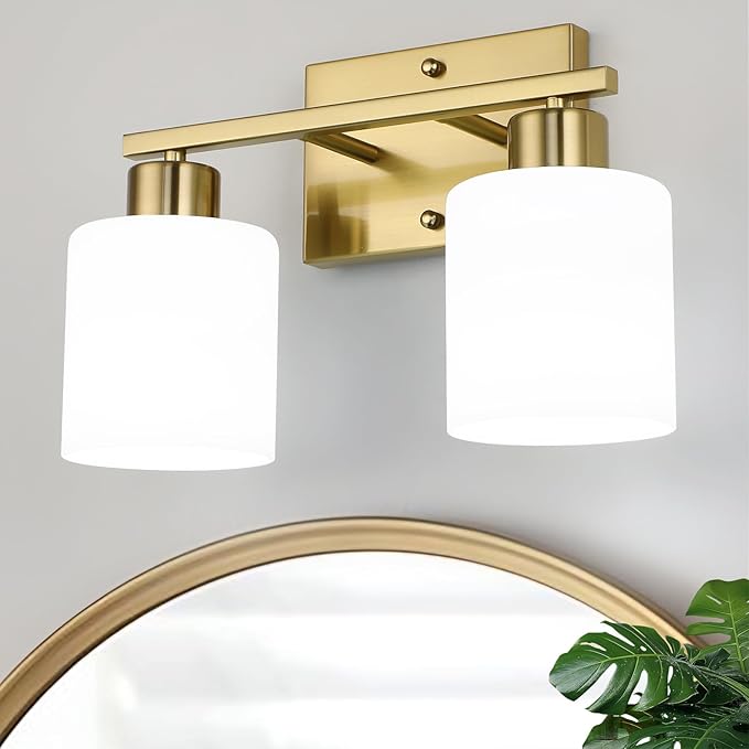 WILON 2 Light Brushed Gold Vanity Light, Bathroom Vanity Lighting Fixtures with Milk White Frosted Glass Shades, Modern Vanity Lights Over Mirror, E26 Wall Sconce for Restroom Living Room Bedroom