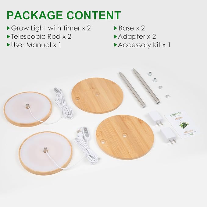 LORDEM Grow Lights for Indoor Plants with Base, Bamboo Design, Timer | 72 LEDs Full Spectrum Plant Lights, 4 Brightness Levels, Adjustable Height up to 26 in, 4/8/12H Auto Timer