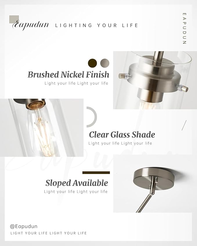EAPUDUN Pendant Lights Kitchen Island (3 Pack), Clear Glass Shade Kitchen Lighting fixtures Ceiling Hanging, Brushed Nickel Light for Kitchen Island,Dining Room,Corridor Bedroom E26 Base