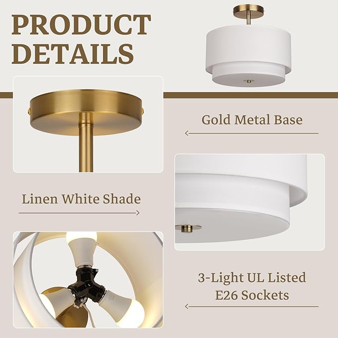 Vexagyle Gold Light Fixtures Ceiling Mount,12.6'' Semi Flush Mount Ceiling Light Fixtures,Nursery Light Fixture with 2-Layer White Shade,Modern Drum Ceiling Lights for Bedroom,Living Room,Hallway