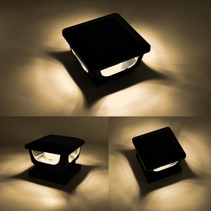 Sumaote Solar Post Cap Lights, 120 Lumen 3000K Warm White LED for 3x3 Metal/Vinyl & 4x4 Wood Posts, IP65 Waterproof Outdoor Garden Fence Deck Lighting, Dusk-to-Dawn Auto On/Off (2 Pack)