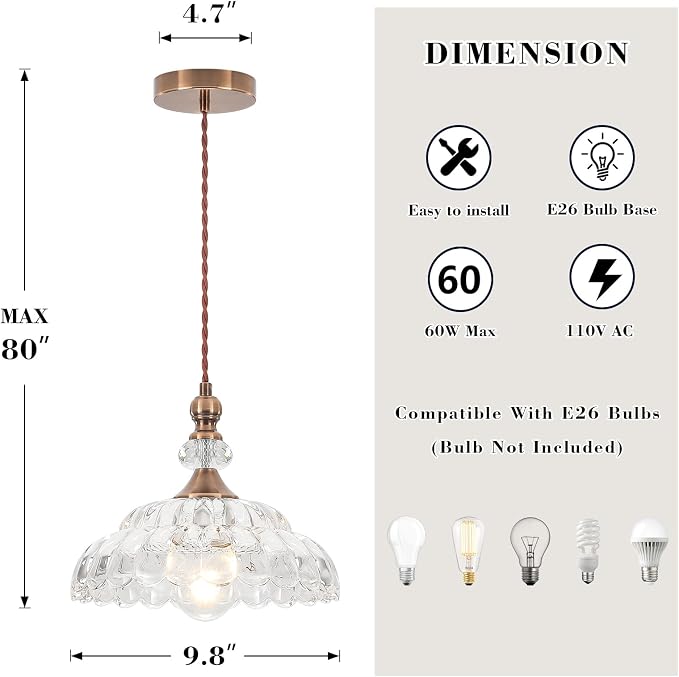 9.8" Small Vintage Pendant Lights for Kitchen Island | Brass Gold Hanging Pendant Lighting Fixture, Petal-shaped, for Dining Room Hallway Bedroom