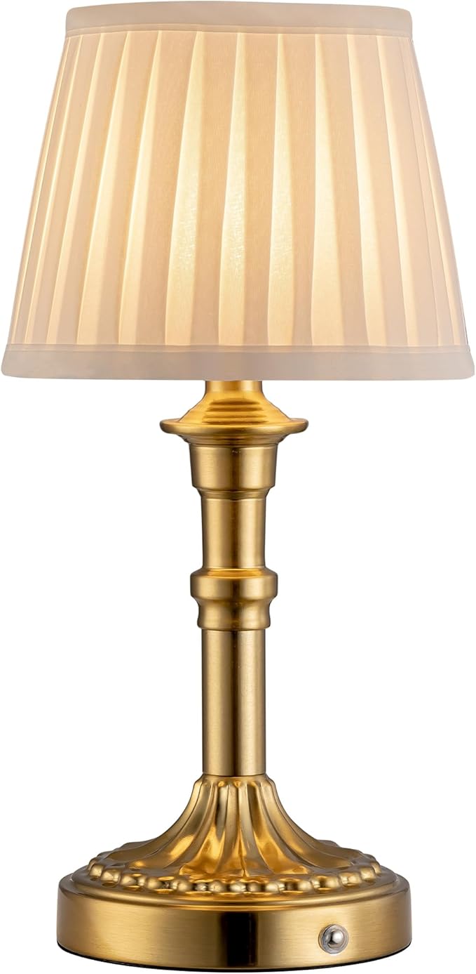 KDG Gold Cordless Portables Table Lamp, Beige Fabric Shade Small Desk Lamp | 4000mAh Battery Powered, LED Lighting, 2700K Stepless Dimmable, Light for Living Room, Dining Room, Bedroom, Home Decor