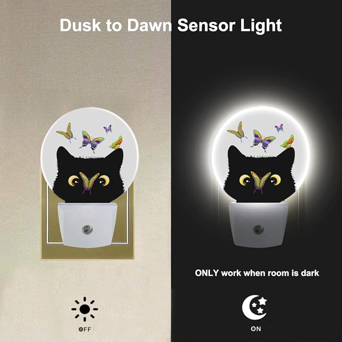 EKOBLA Cat and Butterfly Night Light, Butterfly on Kitten Nose Cute Night Lights Plug Into Wall with Dusk to Dawn Sensor for Kids Room