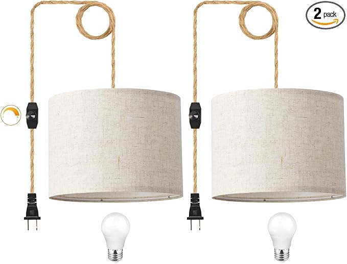 Plug in Pendant Light, Hanging Light with Plug in Cord with Dimmable Switch, Hanging Lamp with 15ft Hemp Rope, Beige Linen Shade, Fixture for Bedroom, Living Room 2 Pack