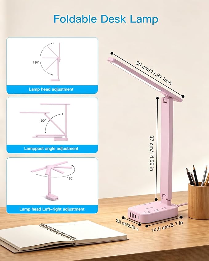LED Desk Lamp, Power Strip with 4 USB 3 Outlets, Dorm Room Essentials, Pink | One Beat 4 Modes 5 Level Brightness Touch Lamp, Small Desk Lamp for Home Office College Dorm Essentials, Study Reading Light