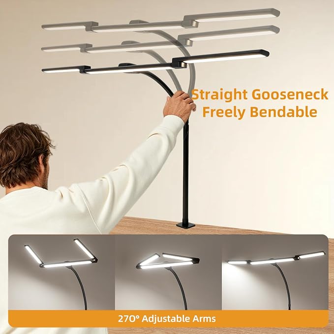 LED Desk Lamp with Clamp for Home Office, Wide Light for Dual Monitors | Wide triple-head lighting with 5 CCT, 10 brightness levels, flexible gooseneck, timer & memory for work or study