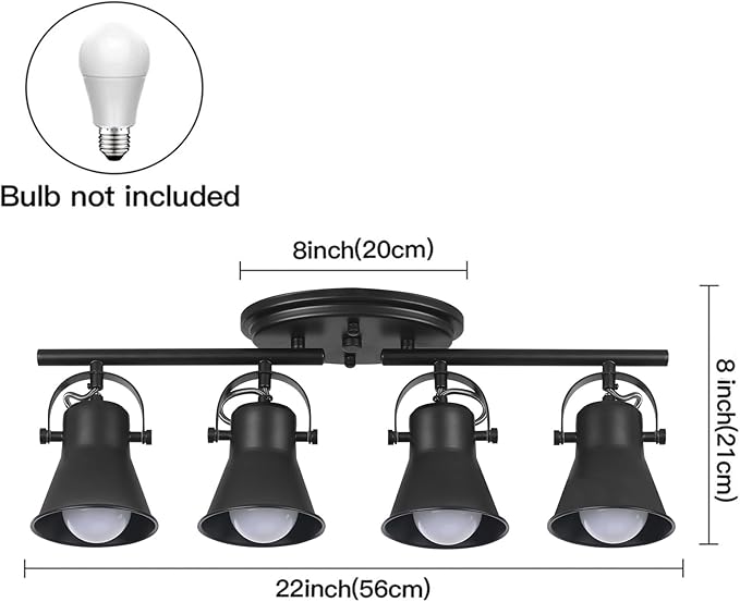SEEBLEN 4-Light Track Lighting Kit, Directional Ceiling Light, Industrial Black Kitchen Track Lighting Fixtures Ceiling for Kitchen, Living Room, Dining Room, Hallway.