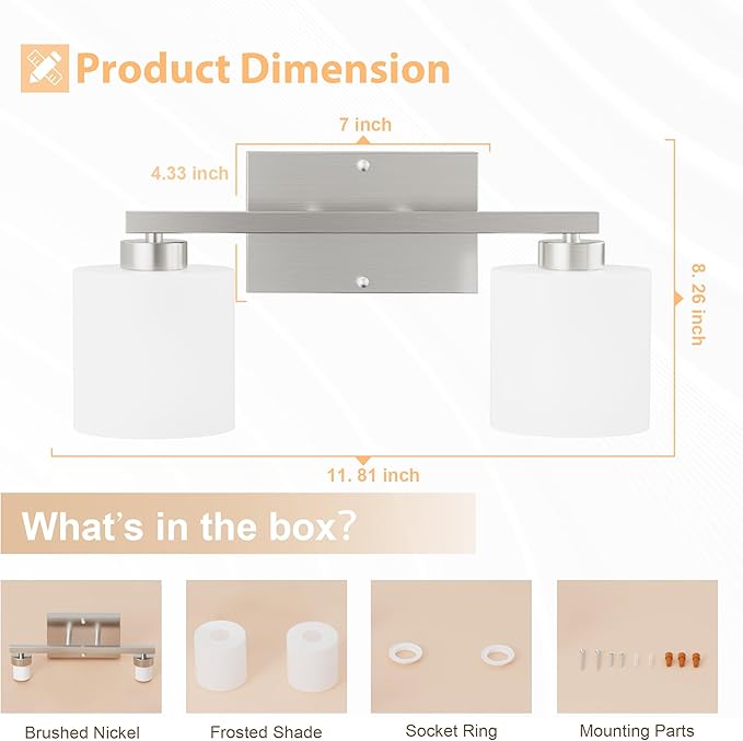 Honesorn Modern Vanity Lights - 2-Light Brushed Nickel Bathroom Mirror Lights with Frosted Shade & Anti-Rust Finish, E26 Wall Mounted