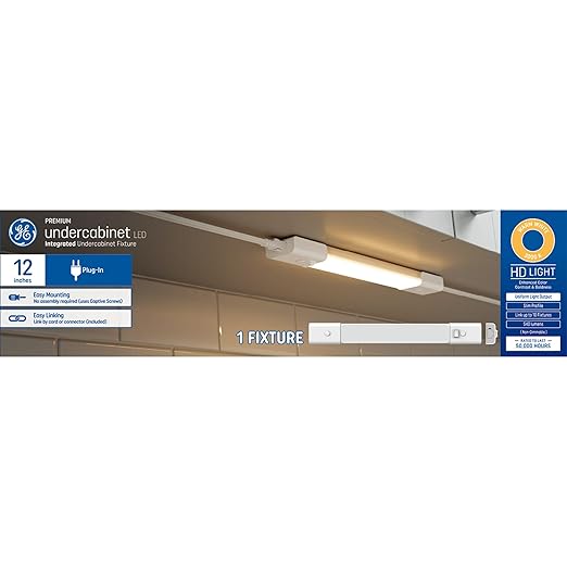GE LED HD+ Undercabinet Light Fixture, Linkable Integrated Slim Profile Fixture for Kitchens, Warm White Color, Plug-in, 12in (1 Pack)