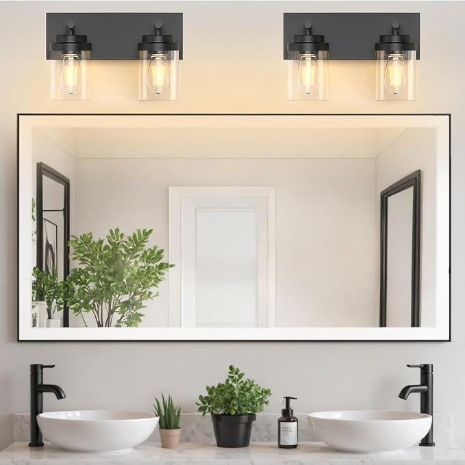 IZORRO Bathroom Vanity Light Fixture, 2-Light 15 Inch Matte Black Bathroom Light Fixtures Over Mirror, with Clear Glass Shade, Modern Farmhouse Vanity Lights, Rustic Restroom Lighting Fixtures