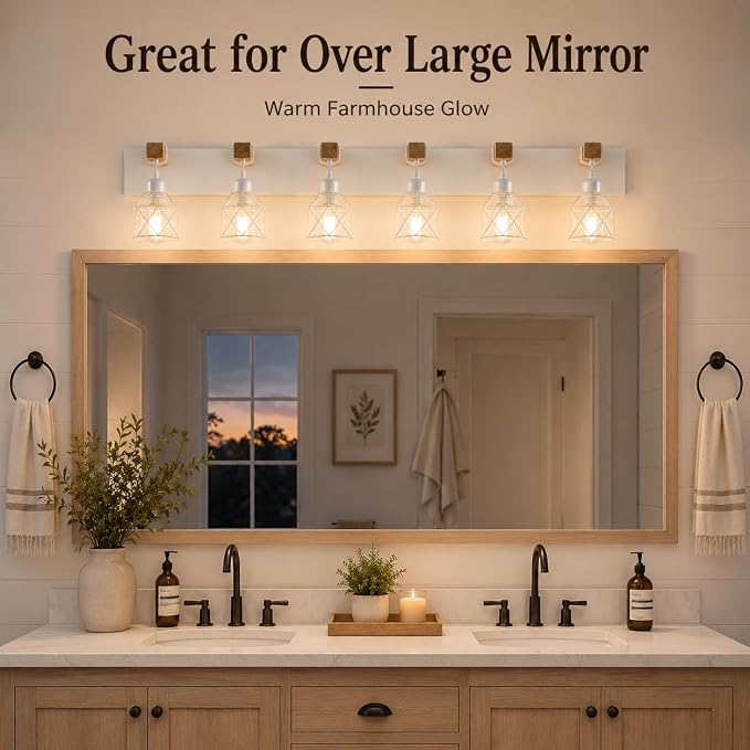 Farmhouse Vanity Light Fixture,6-Light Bathroom Lighting,White Modern Wood Wall Light Over Mirror with Metal Shade,LED Bulbs Not Included