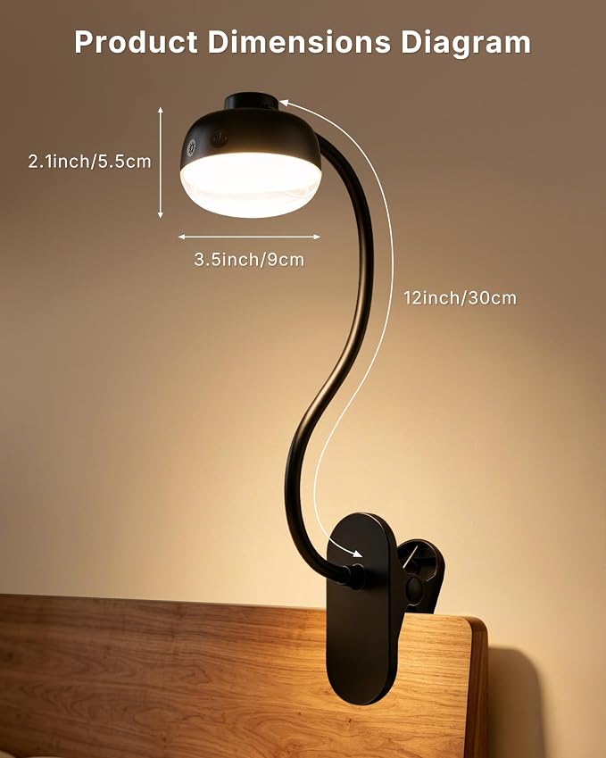 Pebble-Shaped Clip on Reading Light with Detachable Lamp Head, 5000mAh Rechargeable Battery, 360° Ambient Glow, Remote & Timer, Stepless Dimming, 12inch Gooseneck Clamp Lamp for Bed Headboard & Desk