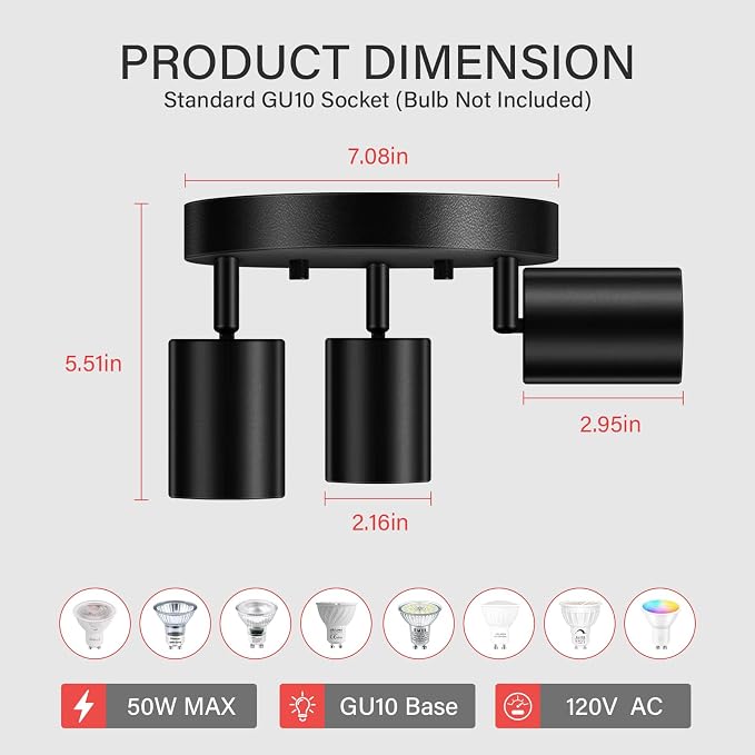 AUQUEE LED 3 Light Track Lighting Kit, LED Track Lighting Fixtures, Black Round Ceiling Spot Lighting, Flexibly Rotatable Light Head for Kitchen, Living Room, Bedroom, GU10 Bulb Not Included