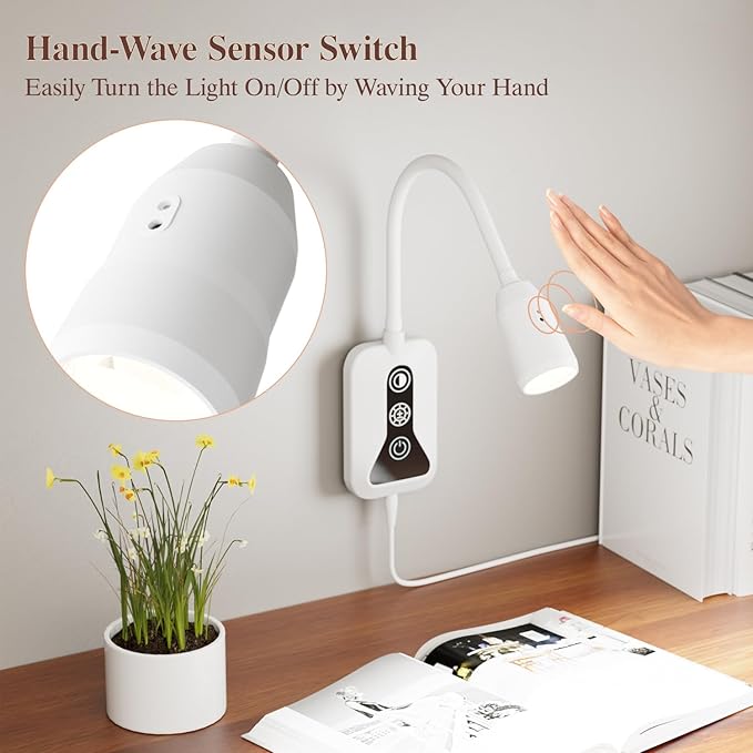 Wall Mounted Reading Light, Wall Light with Motion Sensor Switch, 5 Dimmable & Color Temperature Adjustable, USB-C Output, Flexible Neck Book Light for Bed, Sofa, Desk,Dorms, Heaboard