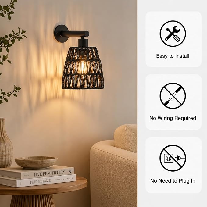 Black Battery Operated Wall Sconces Set of 2, Rattan Wall Sconces with Remote, RGB 15 Colors Dimmable Rechargeable Wall Light, Indoor Wireless Wall Lamp for Bedroom