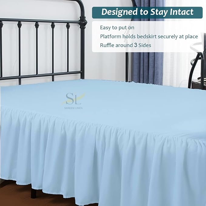 Shreem Linen Ruffled Bed Skirt with Split Corners, Gathered Style, 100% Microfiber, 18-Inch Drop, Dust Ruffle Bedskirt with Platform, King, Light Blue