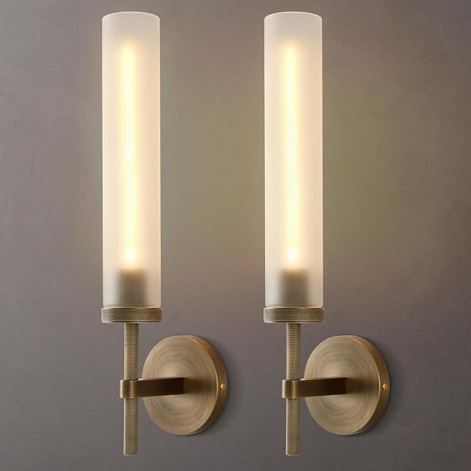 Brass Hardwired Frosted Glass Bathroom Wall Sconces 2 Pack, Modern 20'' Indoor Knurled Wall Sconce, Glass Vanity Light, for Living, Bedroom, Hallway, Staircases,Bulb Included