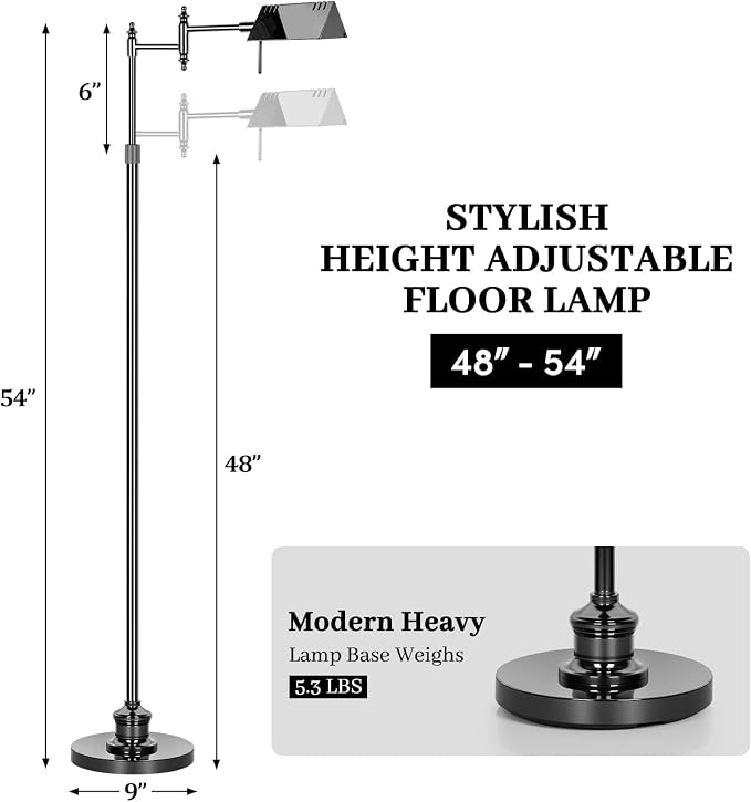 Bairth Black Chrome Reading Floor Lamp, Dimmable Pharmacy Standing Lamp | 3 Color Temperature, Dimmable, 17W LED, Height Adjustable, 360°Swing Arm, for Living Room, Bedroom, Office, Craft & Sewing