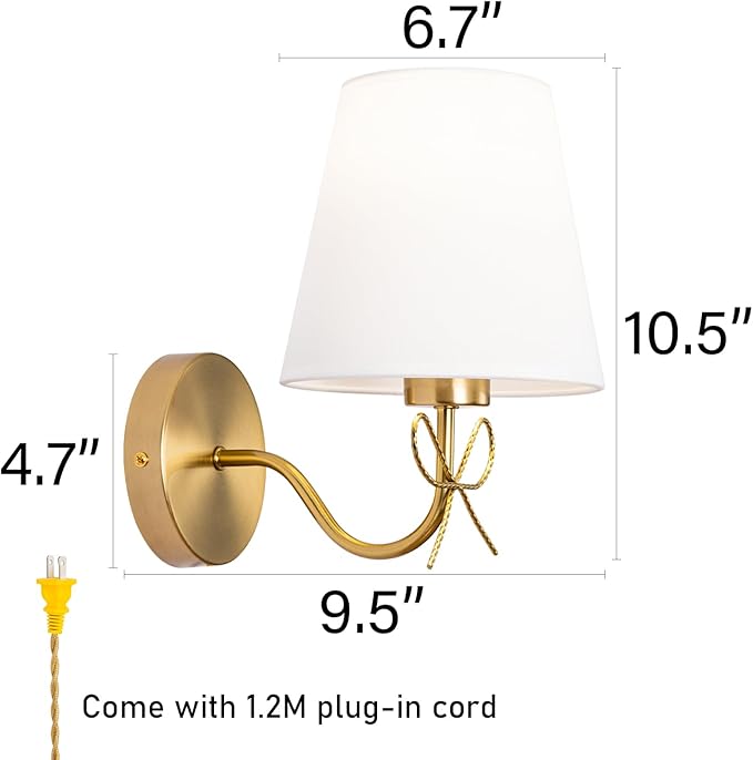 TREELAND Antique Brass Bow Wall Sconces with 110V Dimmable Remote Bulb, 3 Color Tempture, Timmer Function, Hardwire or Plug-in Cord Set of Two Vintage Gold Wall Lamp Light for Bedroom Living Room