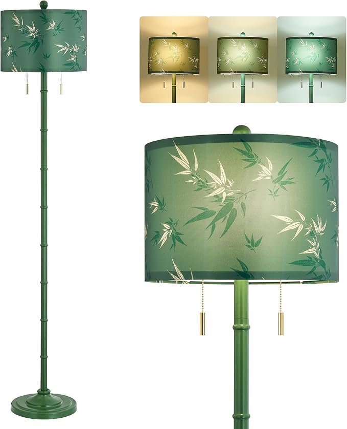 Upgraded 2-Light Mid Century Modern Green Floor Lamp for Living Room | 63.5'' Tall Floor Lamp with 3 Color Temp Bulbs, Living Room Lamp with Chain Switch, Standing Lamp for Bedroom, Office, Corner