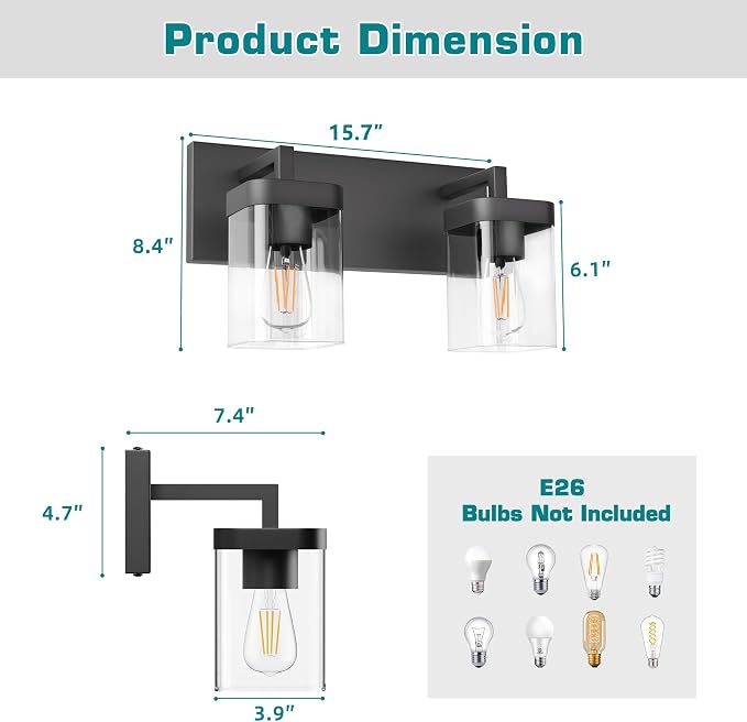 Bathroom Vanity Light, Square Design 2 Lights Morden Bathroom Lighting Fixtures Over Mirror, Black Light Fixtures for Living Room/Bedroom