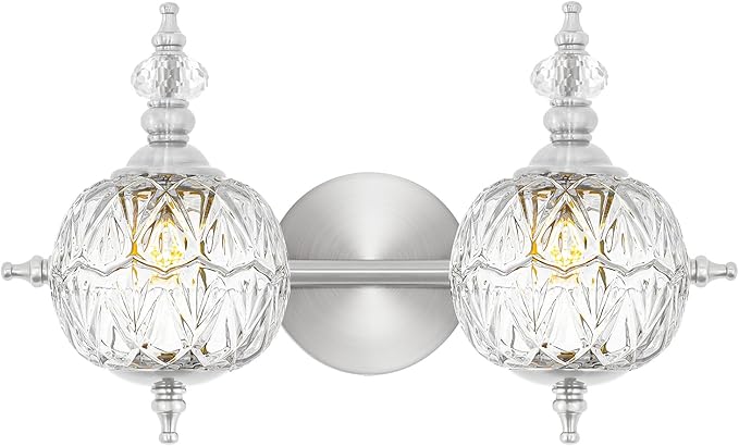 Brushed Nickel Bathroom Vanity Light Fixture Vintage Style - 2 Light G9 Bulb Compatible, 17" Wide Bathroom Lighting Over Mirror with Hand-Etched Glass Shades, Easy Mount for Makeup Area