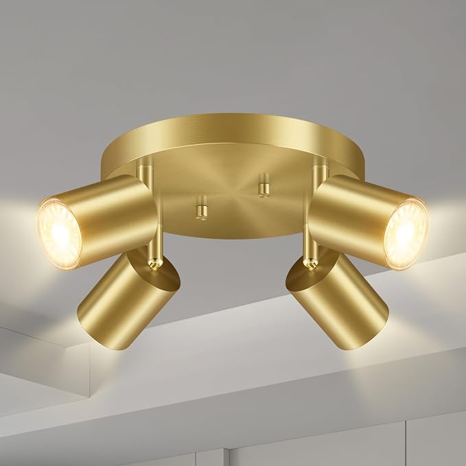 LED 4 Light Track Lighting Kit, LED Track Lighting Fixtures, Gold Round Ceiling Spot Lighting, Flexibly Rotatable Light Head for Kitchen, Living Room, Bedroom, GU10 Bulb Not Included