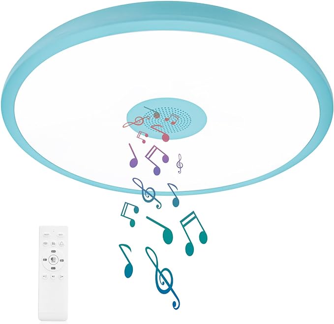 Sky Blue Waterproof LED Flush Mount Ceiling Light Fixture,with Bluetooth Speaker,11 Inch,18 watt,Dimmable Music Lamp,RGB Color Changing Light with Remote Control,for Bathroom,Shower,Bedroom
