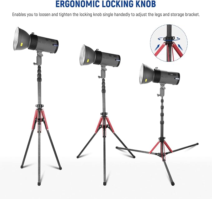 NEEWER Light Stand Carbon Fiber with 180° Reversible Legs, 1/4" to 3/8" Screw Adapter and Bag, 86.5"/220cm Portable Travel Tripod Stand for Outdoor Photography Speedlite Strobe Softbox, ST210R