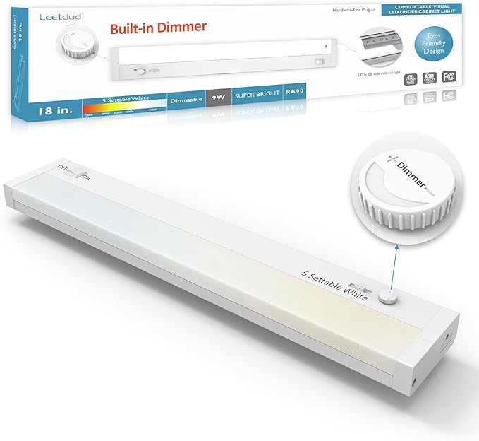 Under Cabinet Lighting Plug in or Hardwired Built-in Dimmer, 18 Inch 9W, 5CCT 2700/3000/3500/4000/5000K, Linkable Counter Lights for Kitchen, ETL Dimmable LED Light Fixture, White