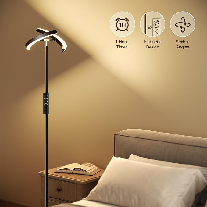 SUNMORY Floor Lamp for Living Room, 28W Bright LED Lamp with Remote Control | 1600lm Dimmable Rotatable Standing Light, 74" Tall Modern Reading Torchiere Uplighter for Bedroom Office Corner, Black