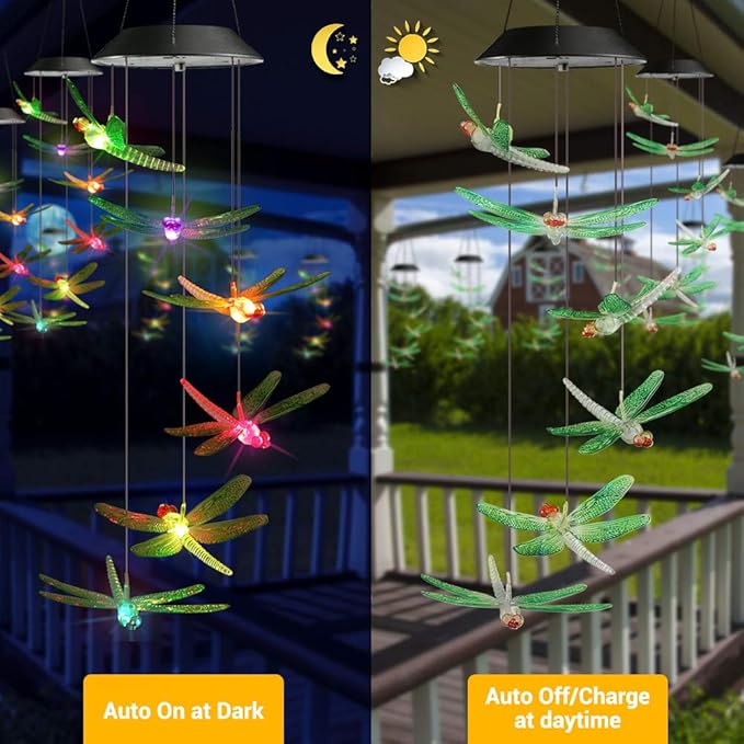 Toodour Solar Wind Chimes Outdoor, Color Changing Solar Lights Dragonfly | Gifts for Mom Grandma, Waterproof Decorative Mobile Light, Gardening Gift for Garden,Patio, Window, Yard, Outdoor Decor