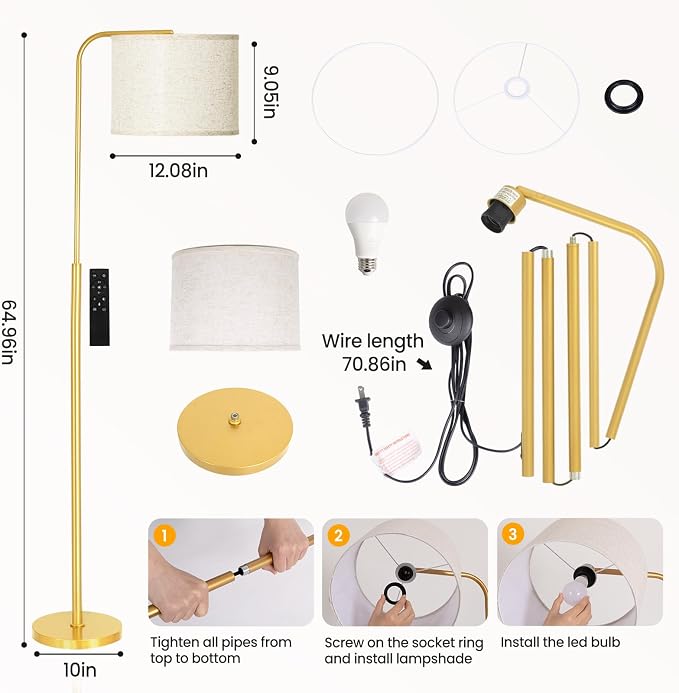 Arc Floor Lamp with Remote and Dimmable Gold Floor lamps for Living Room | Modern Tall Standing Lamp for Bedroom Corner and Office wiht Adjustable Hanging Drum Shade Over Couch Arched Reading Light