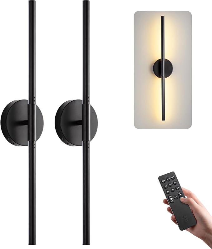 30 Inch Battery Operated Wall Sconces Set of 2, Wireless LED Wall Lights | with Remote & Touch Control, 350° Rotatable, Black Dimmable & Timer Modern Wireless Wall Lamps for Bedroom Living Room