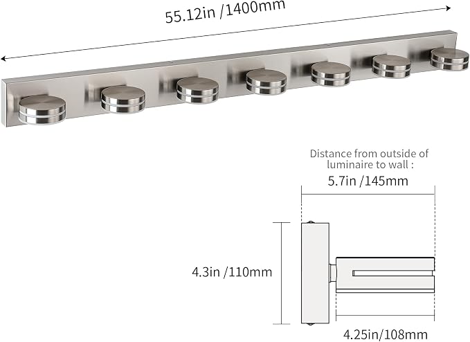 Modern Bathroom Light Fixtures Over Mirror 7 Light Vanity Light | 55.12in 42W LED Dimmable Bath Lights, Wall Mounted Lighting Fixture with Rotating Lamp Head, Acrylic Metal, 5CCT Dimmable