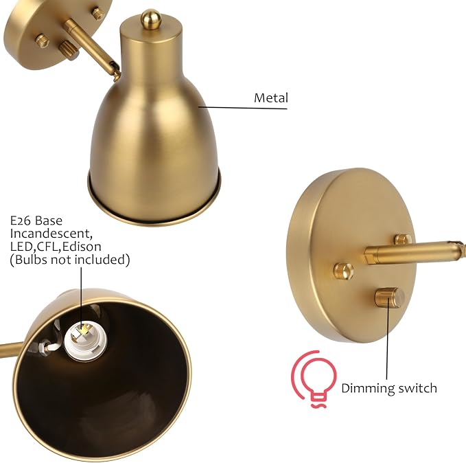 Dimmable Vintage Metal Wall Sconce - Adjustable Light Head, Hardwired Bedside Vanity Light for Bedroom, Bathroom & Dining Room