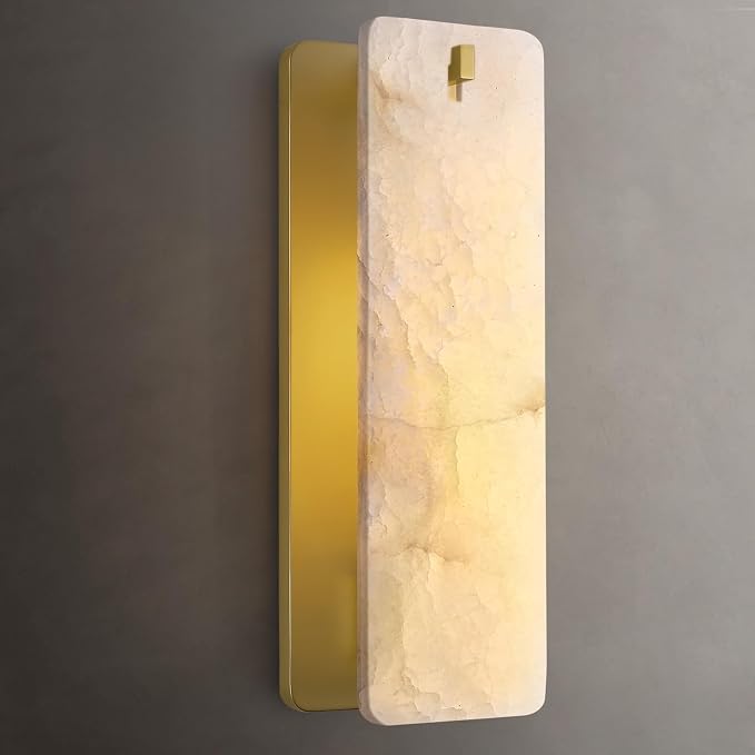 Rectangular Alabaster Wall Sconce 16 Inch, Natural Spanish Stone Brass Gold Wall Light, Modern Marble Sconces Dimmable E12 Hardwired Bathroom Vanity Light Fixture for Mirror, Bedroom, Hallway(1 Pcs)