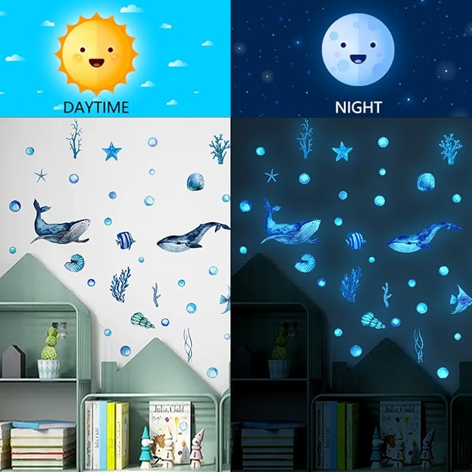 DIY Creativity Starry Sky Astronaut Night Light Wall Stickers Cartoon Rabbit Stickers Star Spaceship Night Light Stickers Room Decoration Wall Stickers (Sea World)