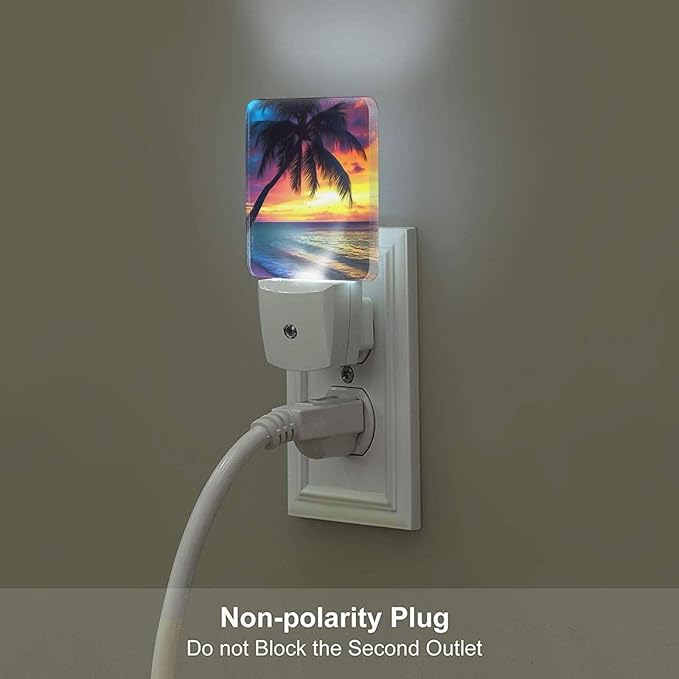 Sunset Beach Night Light Set of 2, Coconut Tree Auto Sensor LED Dusk-to-Dawn Nightlights, Plug-in Sensor Lamp for Bedroom Bathroom Kitchen Hallway Stairs Decorative