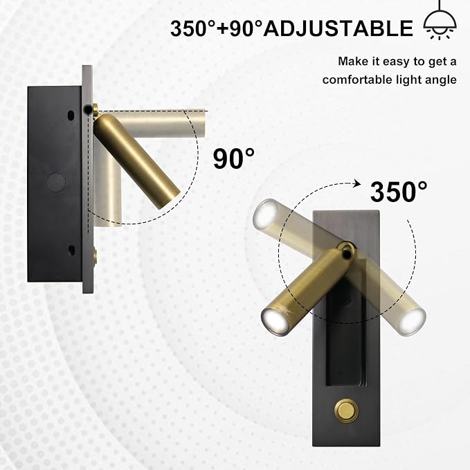 Set of 2 Led Headboard Wall Light, 350°Rotation Portable Plug in Wall Sconce Hardwired, Bedside Reading Light Recessed Push Switch, Hotel Bed Side Decor Wall Sconces Spotlight (Brushed Brass)