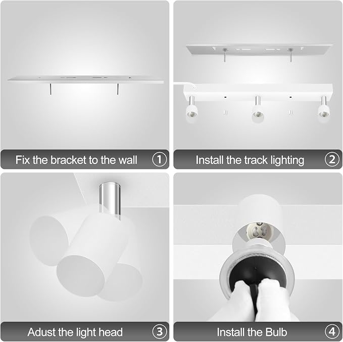 Plug in Track Lighting Kit 3 Light, White Track Light Fixture with Switch and Cord, Adjustable Spotlight Track Head for Kitchen Closet Gallery Wall Wash, Modern Linear Ceiling Light Bar,15ft Cord