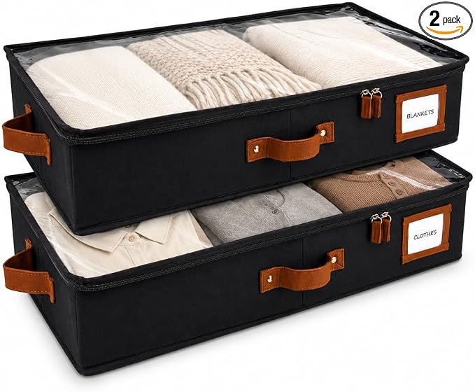 Under Bed Storage, Medium 2pc with Lid, Black | Drawer-style pull-out design, Fits blankets, clothes, fabric & shoes, Bins with lids, Bedroom & closet storage